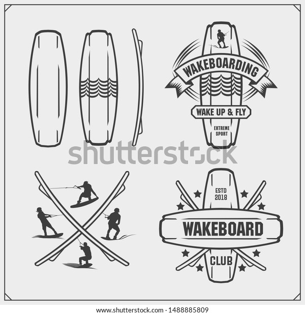 Wakeboarding\
silhouettes, labels and design elements. Set of emblems for\
wakeboard club and print design for\
t-shirt.