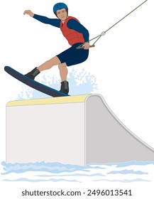 wakeboarding sport, male rider on a wakeboard jumping off the ramp isolated on a white background