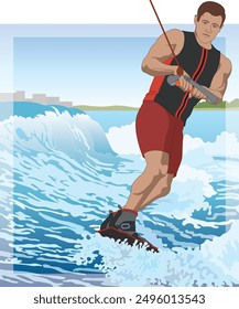 wakeboarding sport, male rider on a wakeboard riding the wake on open water