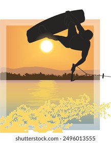 Deporte de wakeboard, jinete masculino en un wakeboard que hace un salto extremo en el aire sobre el agua con un fondo de la puesta del sol