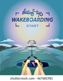 Wakeboarding start in water. Boating tips. vector illustration. summer extreme sport. first steps