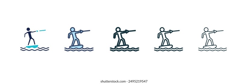 Wakeboarding vector icon set black filled and outlined style.