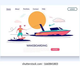 Wakeboarding Vektorillustration Website-Vorlage, Webseite und Landing Page Design für Website und mobile Website-Entwicklung. Motorboot und Wakeboarder stehen auf Wakeboard. Sommerstrand, Wakeboard-Sport.