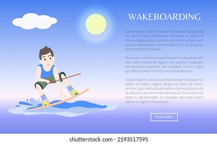 Wakeboarding web poster with kitesurfing boy holds hoop and stands on board, sport activity vector illustration on blue sea background