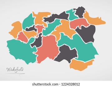 Mapa de Wakefield con barrios y modernas Formas redondas