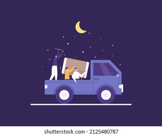 wakes up Suhoor. people ride pick up cars and use drums to wake people from their sleep. traditions in Ramadan and fasting. Muslims and Islam. flat cartoon illustration. concept design