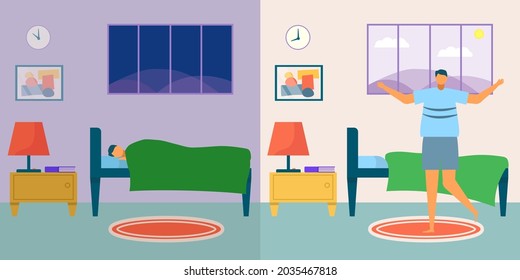 Wakeup man, vector illustration. Young male character rest in bed, person sleep at night, bedroom with comfortable pillow. Happy boy awake