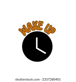 Caligrafía de texto de despertar con silueta negra de reloj de alarma, dibujo de silueta de reloj, arte de silueta de reloj, diseño de silueta de reloj, tipografía de despertar, 