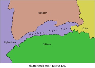 Wakhan corridor, schematic map. Located in Afghanistan, shares the territory of Tajikistan and Pakistan.