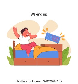 Waking up concept. Startled boy, jolted awake by his loud alarm clock, begins a new day with a big yawn. Morning routine, start of day. Getting ready for school. Flat vector illustration