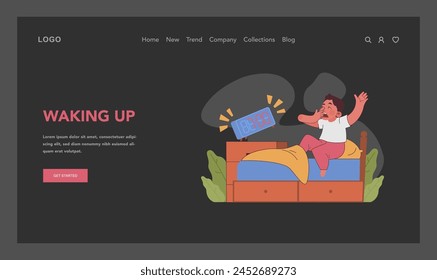 Waking up concept. Startled boy, jolted awake by his loud alarm clock, begins a new day with a big yawn. Morning routine, start of day. Getting ready for school. Flat vector illustration