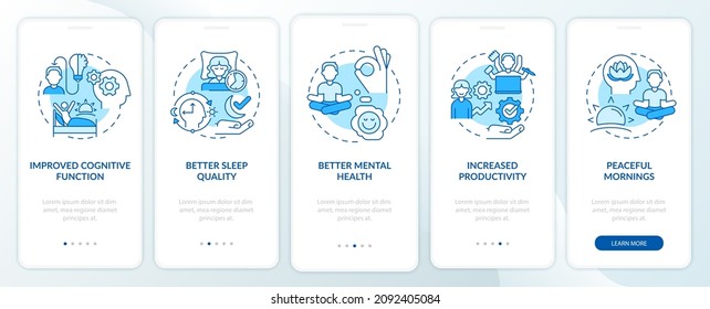 Waking up early benefits blue onboarding mobile app screen. Life power walkthrough 5 steps graphic instructions pages with linear concepts. UI, UX, GUI template. Myriad Pro-Bold, Regular fonts used