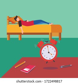 Waking up early vector concept with alarm clock ringing, while a boy figure sleeping on the bed in his cyan background bedroom