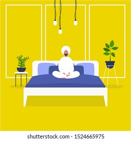 Waking up Indian male character sitting in bed.