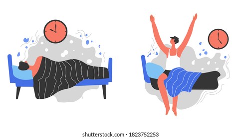 Waking up late and early, isolated set of bad and good habits of man. Personage laying in bed, character stretching on bed in morning. Active lifestyle of man, daily routine, vector in flat style