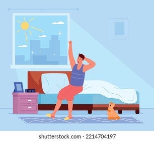 Waking Up Man. Happy Awake Boy Wakes-up Early Morning And Yawn Stretching On Bed After Sleep, Start Day Life Routine In Home Bedroom, Cartoon Tired Guy Person Vector Illustration