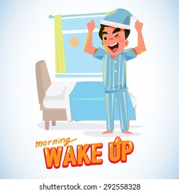 waking up man in the morning in refresh action. character design - vector illustration