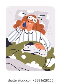 Waking up from mobile phone call. Annoyed upset asleep woman awakening in bed, disturbed by smartphone, cellphone talk late at night. Sleepy person oversleeping in morning. Flat vector illustration