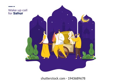 Waking Up Muslims For Sahur Ramadan Or Eat Early Before Fasting, Illustration Of Wake Up Call For Sahur Using Traditional Drum