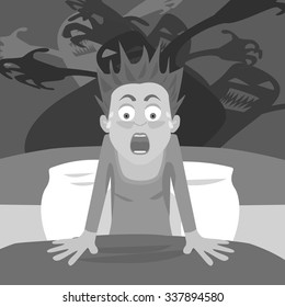 waking up from nightmare - black and white cartoon of person having bad dreams