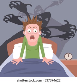 waking up from nightmare -  cartoon of person having bad dreams