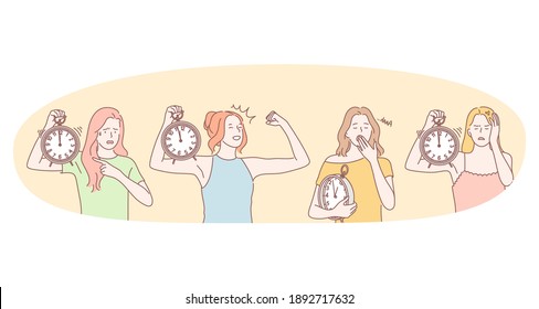 Waking up, sleepy feeling, energetic morning concept. Young woman cartoon character pointing at alarm clock, feeling powerful and tired after working day with clock in hands vector illustration 