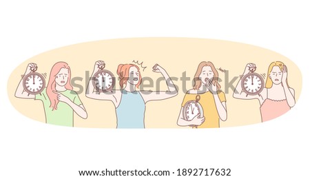 Waking up, sleepy feeling, energetic morning concept. Young woman cartoon character pointing at alarm clock, feeling powerful and tired after working day with clock in hands vector illustration 
