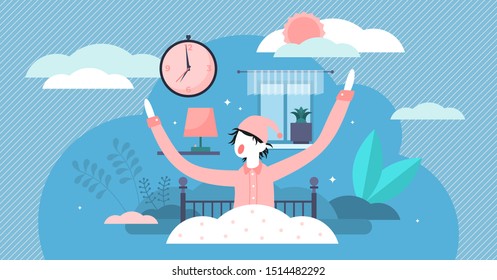 Waking up vector illustration. Flat tiny morning beginning persons concept. New day routine in bedroom. Classical scene with stretching and yawning process in early time to be awake. Alarm clock sign.