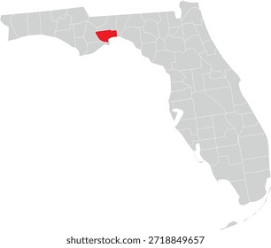 Wakulla County on the Map of Florida State Editable Vector