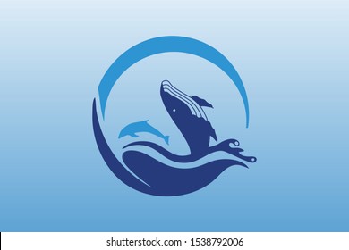 Wale With Dolphin Jumping Above Waves. Spa, Sport, Travel Vector Logo. Branding Identity For Hotels, Tourist Business, Spa, Beach Service, Healthcare, Holidays, Resorts Or Hotel By The Ocean