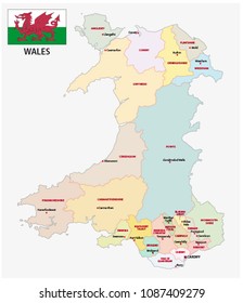 Wales Administrative And Political Vector Map With Flag