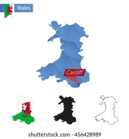 Wales blue Low Poly map with capital Cardiff, versions with flag, black and outline. Vector Illustration.