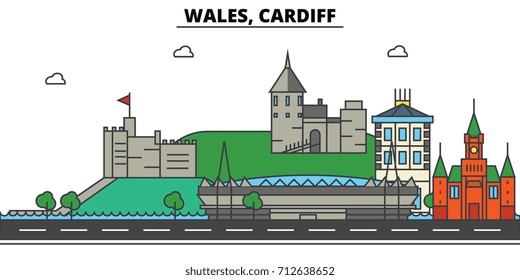 Wales, Cardiff. City skyline: architecture, buildings, streets, silhouette, landscape, panorama, landmarks. Editable strokes. Flat design line vector illustration concept. Isolated icons set