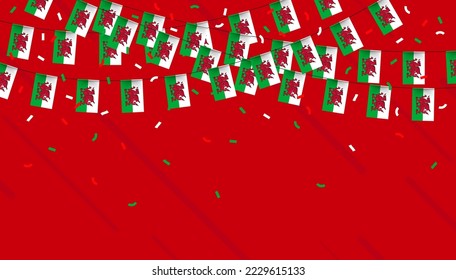 Wales celebration bunting flags with confetti and ribbons on red background. vector illustration.