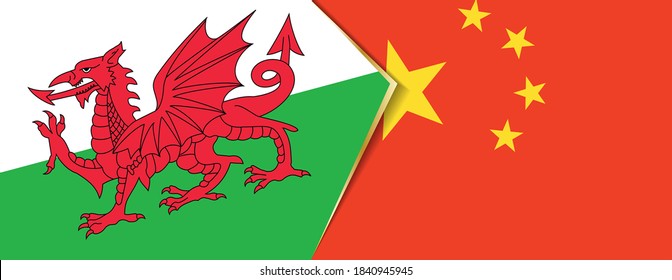 Wales and China flags, two vector flags symbol of relationship or confrontation.