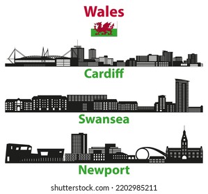 Wales cities skylines silhouettes vector set