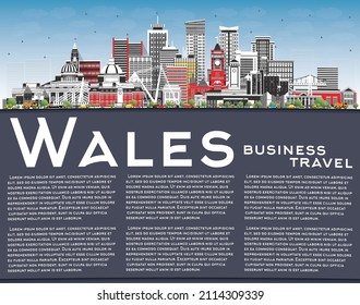 Wales City Skyline with Gray Buildings, Blue Sky and Copy Space. Vector Illustration. Concept with Historic Architecture. Wales Cityscape with Landmarks. Cardiff. Swansea. Newport.