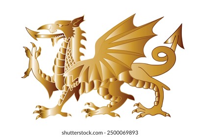 Wales coat of arms angry dragon vector illustration silhouette, seal, national emblem, isolated on background. Vector Coat of arms of Wales. Wild beast open jaws. Golden dragon symbol rich prosperity.