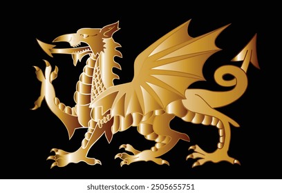 Wales coat of arms angry dragon vector illustration silhouette, seal, national emblem, isolated on background. Vector Coat of arms of Wales. Wild beast open jaws. Golden dragon symbol rich prosperity.