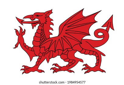 Wales coat of arms red dragon silhouette, seal, national emblem, isolated on white background. Vector Coat of arms of Wales. 