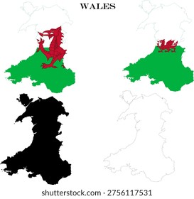 Wales Country Maps Bundle with National Flag, Black Silhouette and Detailed Outline Contours