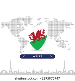 Wales Creative Rugby BallBadge in flag design on France landmarks background for a sports tournament, this vector for sports match template or banner in vector illustration. Fully editable EPS.