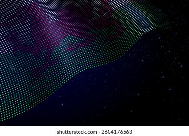 Wales digital flag made of dots, waving over a starry dark background