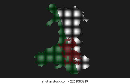 Bandera del mapa con puntos de Gales con textura gruesa en el estilo de punto mosaico. Ilustración de vector píxel abstracto de un mapa de país con efecto de semitono para infografía. 