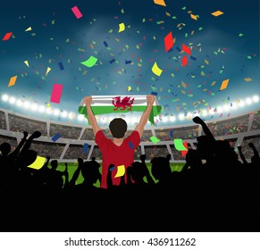 Wales fan stand up and hand flag in silhouette group to celebrate the team won in the soccer match on the stadium background, with confetti in the night time, design for template in vector format