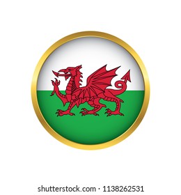 Wales flag button, Golden on a white background,flag of Wales Round badge or icon isolated. Vector illustration.