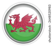Wales Flag Button Icon Glossy Round National Emblem Vector Illustration