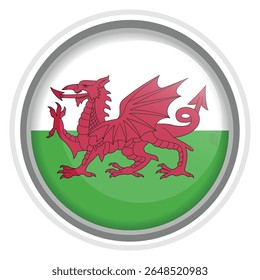 Wales Flag Button Icon Glossy Round National Emblem Vector Illustration