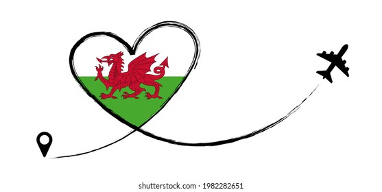 Wales flag ( England ). Heart, love romantic travel. Symbol of  airplane, air plane, aircraft, aeroplane, flying, fly jet airline. Line path. Vector location pointer route. Travel. 
