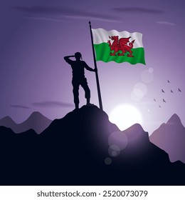 Wales Flag hoisted on a mountain peak with a purplish sunset in the background, vector illustration